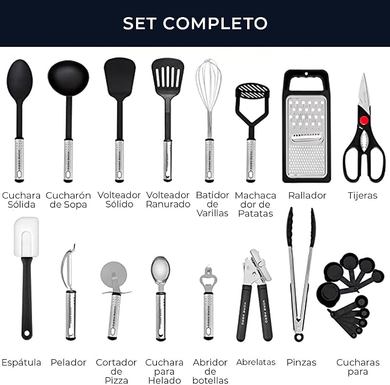 Utensilios de Cocina Resistentes al Calor y Antiadherentes - Espátula Cuchara Cucharón Pinzas Tijeras Set (25 Piezas Nylon Set) — foto 3 de 8