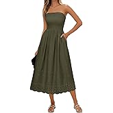 Lazysmile Summer Boho Maxi Dress for Women Strapless Tube Top Lace Trim A Line Beach Casual Long Dress