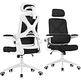 Apusen Ergonomic Office Chair - Desk Chair with Adjustable Headrest Lumbar Support Computer Chair - Mesh Comfy Chair with Flip-up Armrests - Gaming Chairs for Adults Home Office 330 LBS (White+Black)