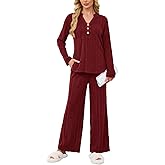 VUTRU Womens Ribbed Knit Lounge Set Long Sleeve Top and Long Pants 2 Piece Outfits Pajamas Sets Sleepwear PJ Sets