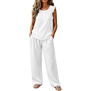 Linen Sets Women 2 Piece Flutter Sleeve Tops Drawstring Pants Summer 2026 Casual Outfits Matching Travel Vacation