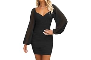 ZESICA Women's Sexy V Neck Ruched Bodycon Mini Dress Puff Long Sleeve Cocktail Wedding Party Short Dresses