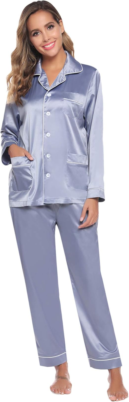 Aibrou Women's Satin Pajamas Set Long Sleeve and Long ButtonDown