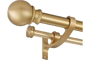 Lwiiom Double Curtain Rods with Aluminum Bouquet Brackets and Round Finials,Warm Gold Curtain Rods for Windows 28 to 48 inch,1-Inches Front and 5/8 Inches Back Double Window Drapery Rod