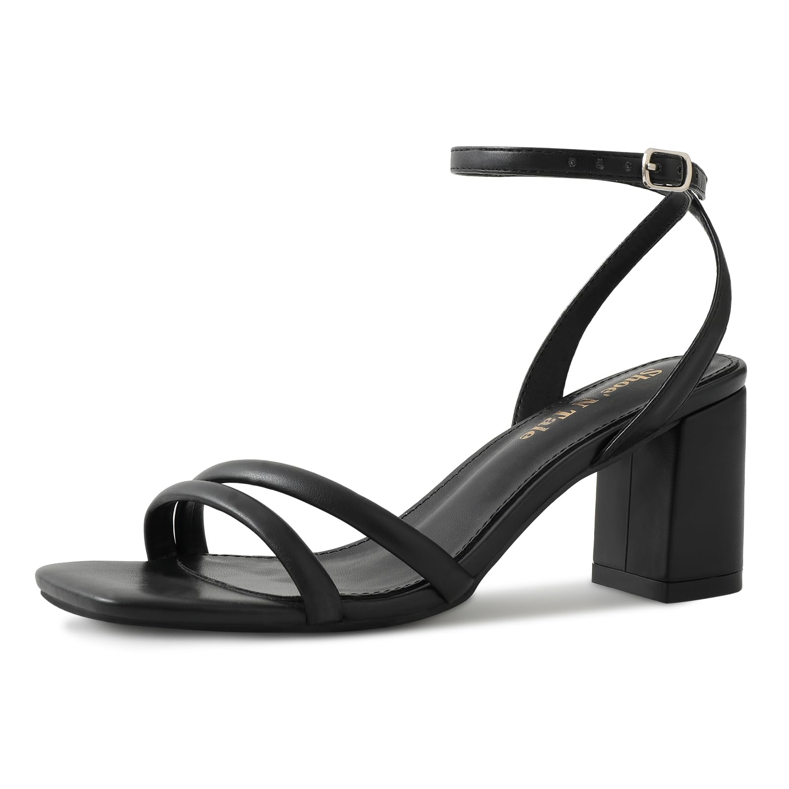 Photo 1 of Shoe'N Tale Strappy Heels for Women Square Toe Chunky Block Heels Ankle Buckle Heeled Sandals(8,Black)