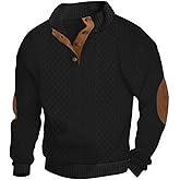 Lexiart Mens Casual Knitted Pullover Sweater Long Sleeve Stand Collar Vintage Button Sweaters with Elbow Patches