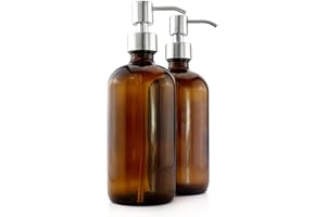 CORNUCOPIA BRANDS Cornucopia 16-Ounce Amber Glass Bottles w/Stainless Steel Pumps (2-Pack); Lotion & Soap Dispenser Brown Boston Round Bottles for Aromatherapy, DIY
