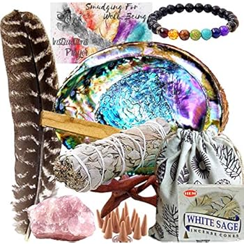 Smudge Kit Spiritual Set, Large Abalone Shell, Complete Sage Smudge Stick Kit, Palo Santo, White Sage Incense for Cleansing, Smudge Feather,Chakra Kit Bracelet, Charitable Positive Vibes Smudging Kit