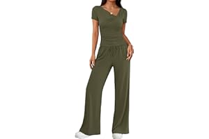 ZESICA 2 Piece Lounge Sets for Women 2026 Casual Long Sleeve Ruched Top Drawstring Wide Leg Pants Outfits with Pockets