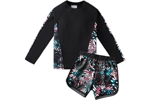 KID1234 Girls Long Sleeve Swimsuits 2 Pieces Set Rash Guard Swimwear Quick Dry Surfing Wetsuit for Kids Bathing Suit 5-16 Years