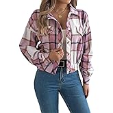 AMOMA Women's Long Sleeve Cropped Flannel Plaid Shacket Button Down Plaid Crop Short Jacket Coat(L,Pink)