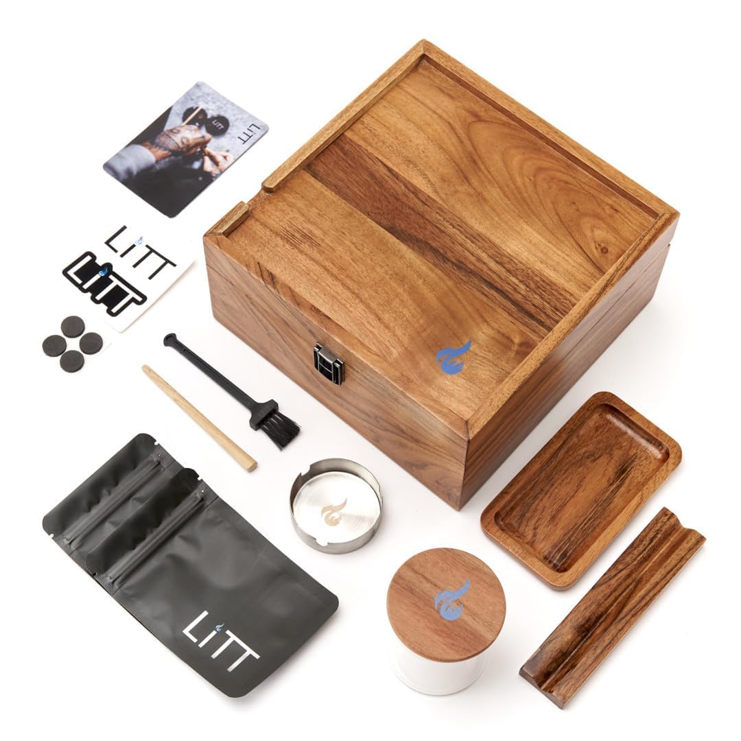 LITT Wooden Stash Box Set with Integrated Rolling Tray & Accessories - Sleek, Discreet Storage Organizer Solution for the Contemporary Lifestyle (Brown)