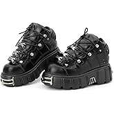 Agodor Chunky Platform Sneakers for Women, Y2K Gothic Punk Lace-Up Biker Boots with Metal Buckle, Thick Sole Black Combat Style Goth Boots Fashion Streetwear Ankle Bootie