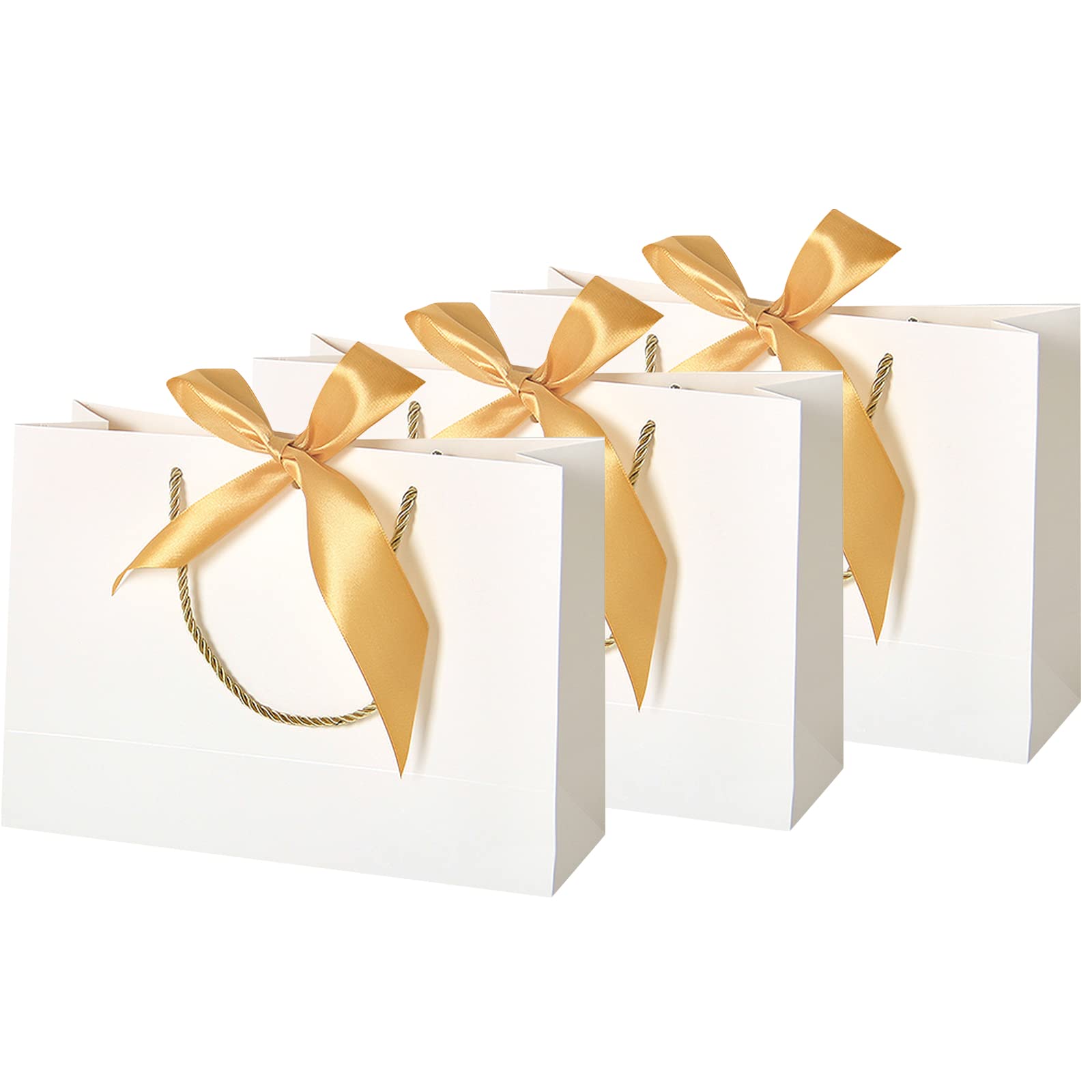 3 Pcs White Gift Bags with Gold Bow Ribbon, VEGCOO Paper Party Favor Gift Bag Luxury Present Bag with Handle, Large Present Bags for Birthday Wedding Christmas Valentine's Day, 28 × 20 × 10 cm (White)