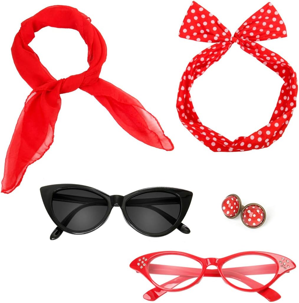 Nofonda Women Retro 50's Polka Dot Style Scarf Cat Eye Glasses Bandana Tie Headband and Earrings Costume Accessories for Ladies Kids
