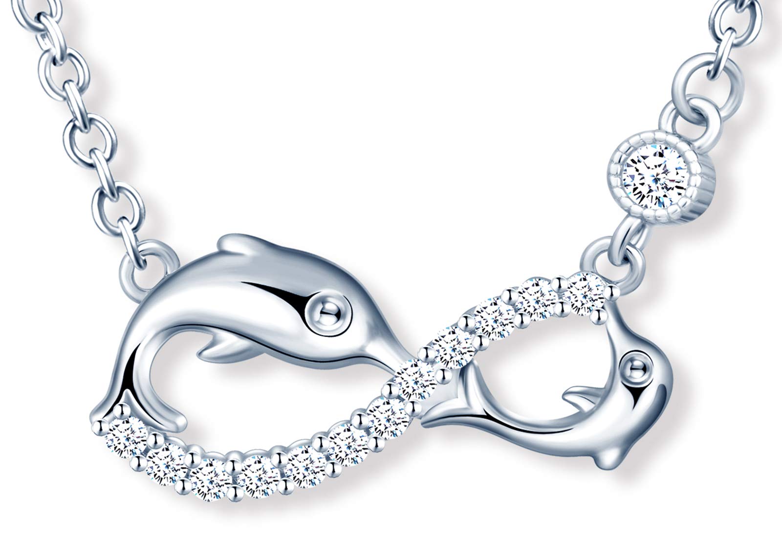 MicLee Women's girl's Necklace pendant, 925 Sterling Silver necklace, Cute dolphin and infinity symbol necklace, Unique animal design necklace pendant, Inlaid zircon, shining pendant, silver