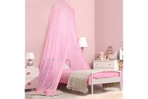 MACEVIA Princess Canopy for Girls with Glowing Stars, Princess Room Decor Girls Bed Canopy Curtains for Single Twin Queen Full Size Bed - Pink with Box