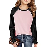 Haloumoning Kids Girls T Shirts Casual Raglan Long Sleeve Tee Crewneck Color Block Cute Fall Blouses Tops 5-14 Years