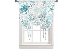 RisQiten Turquoise Coastal Tie Up Curtains for Windows, Beach Nautical Adjustable Balloon Window Shades, Sea Turtle Coral Kitchen Window Treatments Farmhouse Short Curtains with Rod Pocket 42"x45"