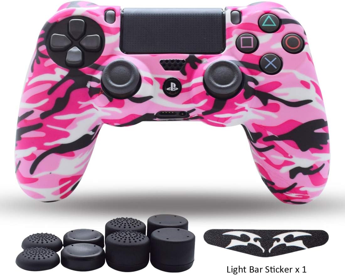 PS4 Controller Skin,Silicone Grips for Playstation 4 PS4/Slim/Pro Controller Anti Slip Cover Case Protector for Dual Shock 4 Controller - One Light Bar Sticker - 8pcs Pro Thumb Grips-Camo White