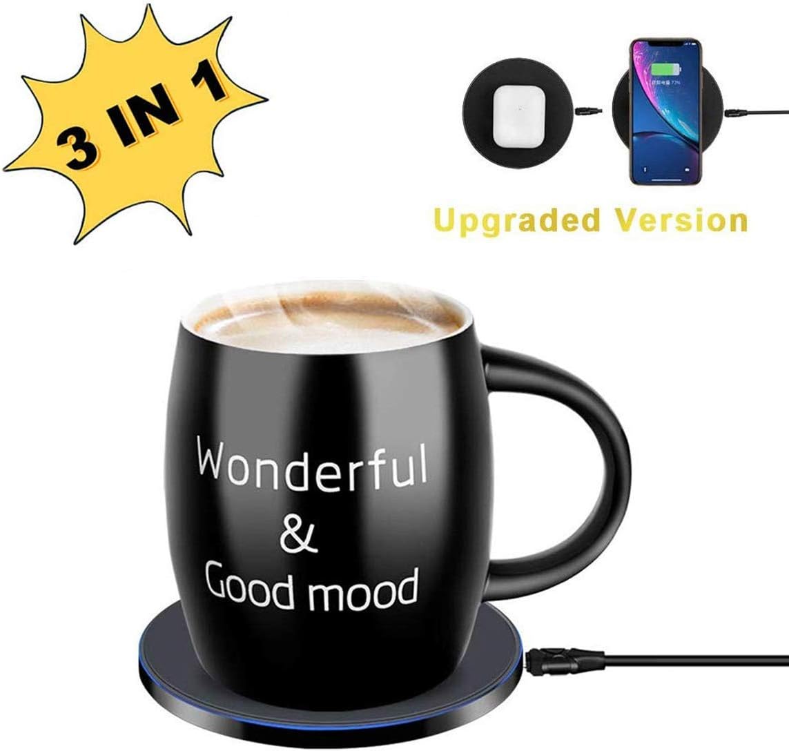 Mug Warmer, Coffee Mug Warmer with Wireless Charger (3 in 1), Wireless Charging, Constant Temperature for Keeping Warm (about 122°F/50°C)，Best Gift Idea, Office/Home Use Electric Cup Beverage Plate,Cocoa,Milk,Water
