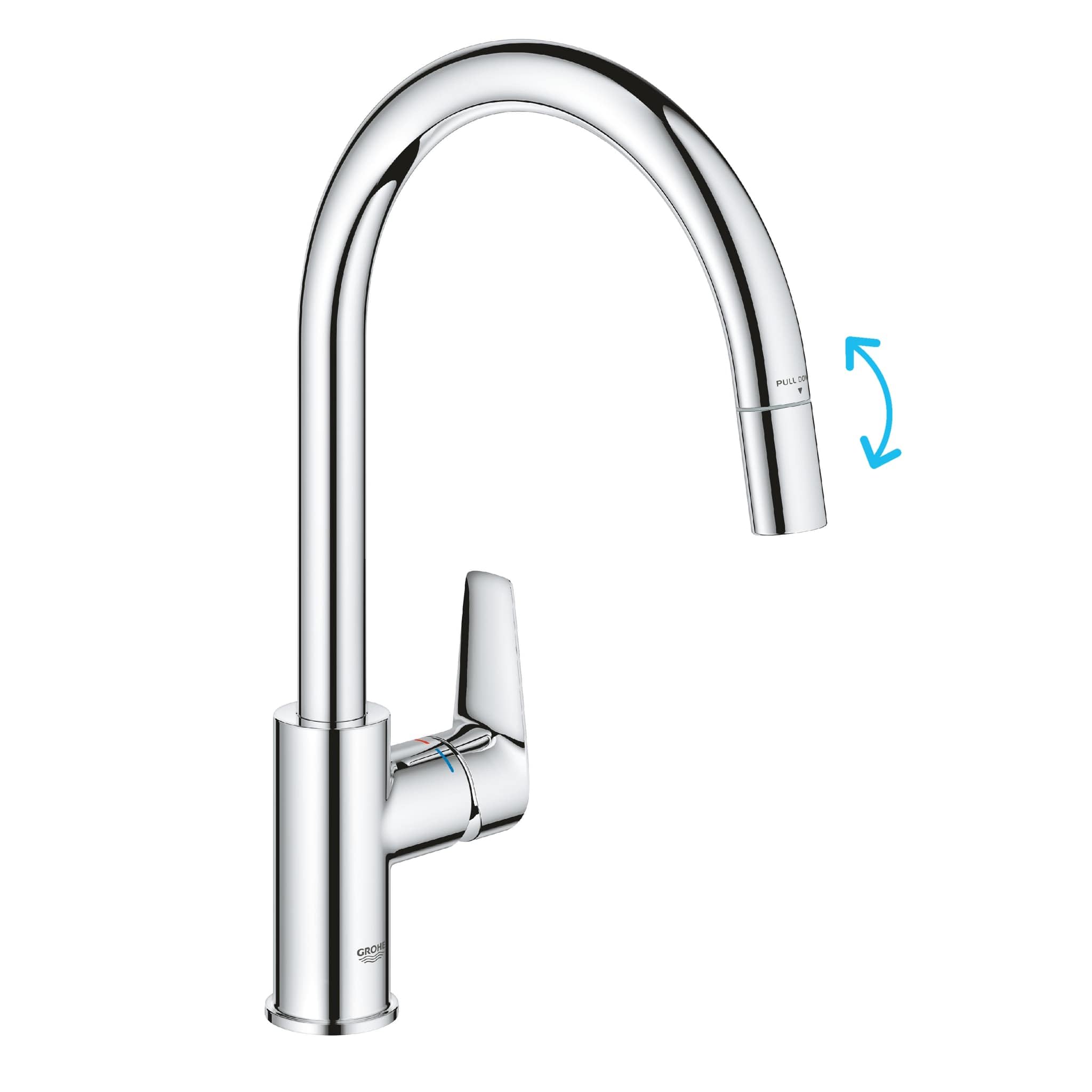 GROHE Start Edge QuickFix - 1 Lever Kitchen Sink Mixer Tap with Pull-Out Function (High C-spout, 360° Swivel Area, 28 mm Ceramic Cartridge, Tails 1/2 Inch, High Pressure), Size 357mm, Chrome, 30553000