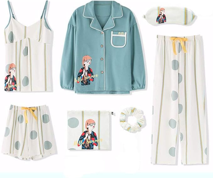 Amazon パジャマ レディース ルームウェア 寝巻き ルームワンピース 部屋着 サテン 7点セット 可愛い 長袖 パンツ ズボン キャミソール 秋 春 夏 3色で入手可能 ブルー Xl パジャマ ルームウェアセット 通販