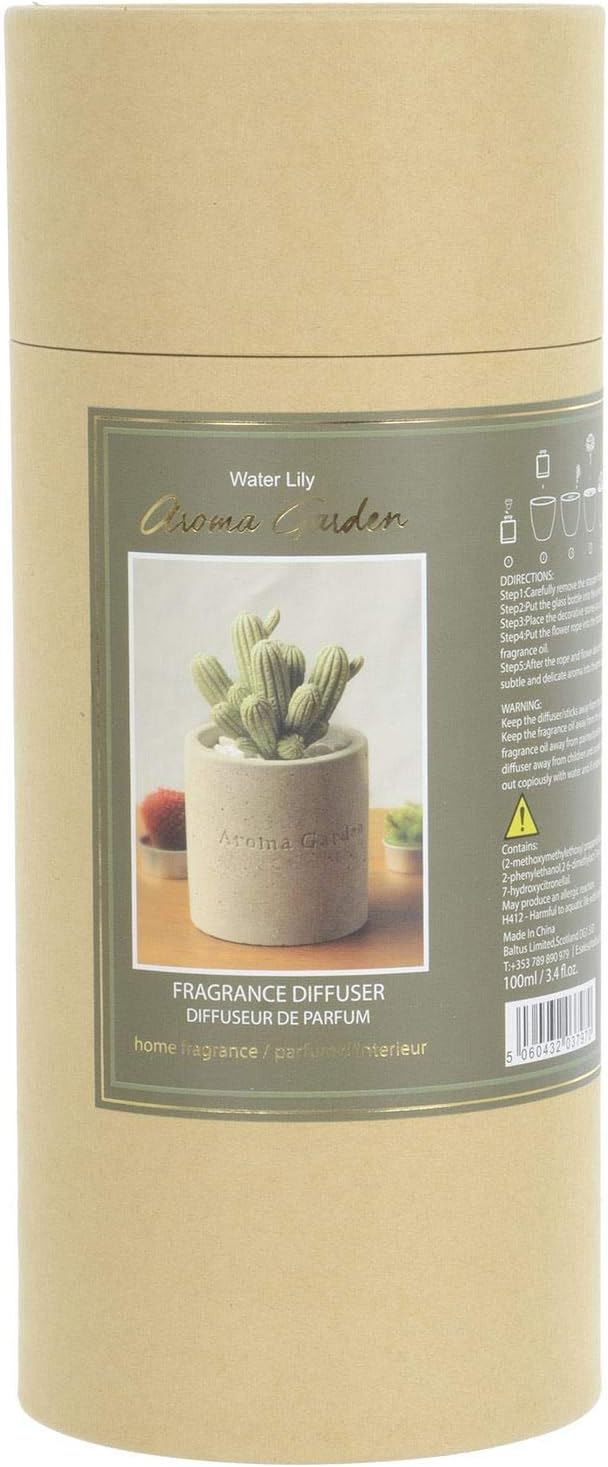 Baltus Home Fragrance Diffuser Garden Aroma Water Lily Scent Cactus Plant Grey Pot Decorative Stone Pebbles Rope Wick 100ml Oil 17cm