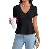 Rooscier Women's Deep V Neck Peplum Short Sleeve Ruffle Hem Basic Going Out T Shirt