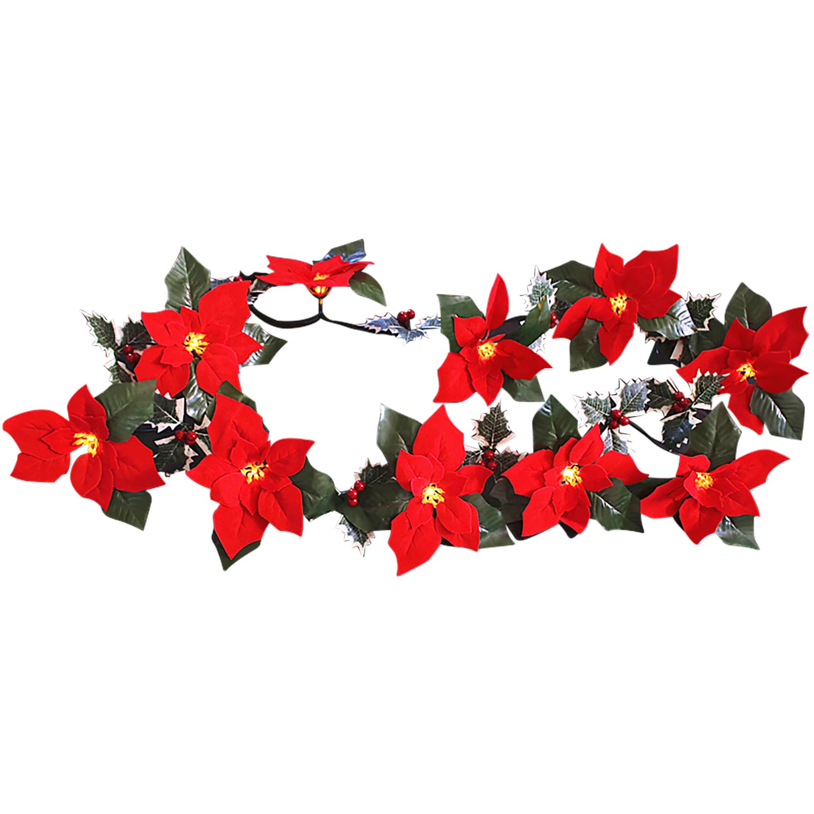 Red Poinsettias LED Lights, 6.6ft PreLit Christmas Poinsettia with Berries and Holly Leaves, Artificial Flower Xmas String Lights for Christmas Party Holiday Indoor and Outdoor Wreath Decor