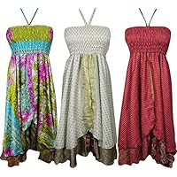 Mogul Interior Wholesale Lot Of 3 Pcs Womens Halter Dress Recycled Silk Sari Vintage Two Layer Elegant instance Sundress