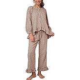 Flygo Womens Plaid Pajamas Sets 2 Piece Cotton Pj Set Puff Sleeve Ruffle Babydoll Shirt Gingham Pants Lounge Sets