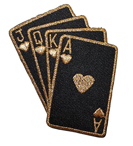 ID #8611 Black Gold Four Card Royal Flush Poker Card Hand Iron On Applique Patch