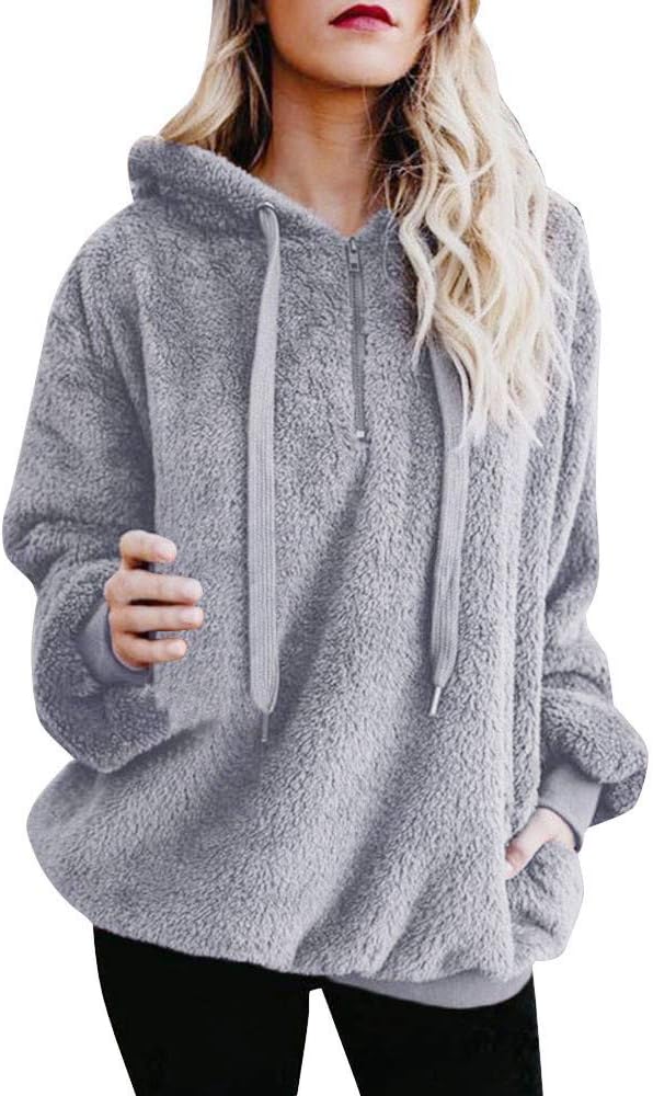 Women's Warm Fluffy Winter Tops Pocket Half Zip Hoodie Sweatshirt Women Hooded Pullover Jumper