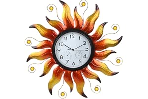 HOBYLUBY Large Outdoor Clock, Sun Outdoor Wall Clock with Thermometer & Humidity, Silent Non-Ticking Outside Clock for Patio, Living Room, Kitchen(Yellow)