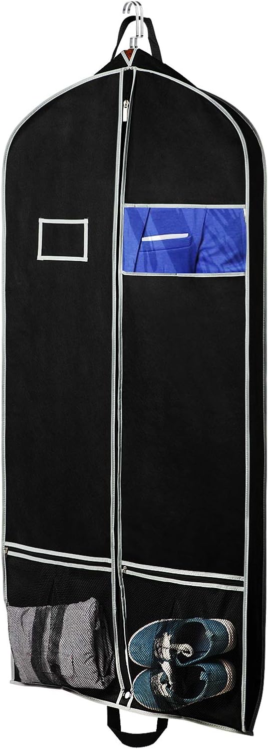 Zilink Breathable Hanging Garment Bags for Travel 54" Dress Suit Cover with 2 Large Mesh Pockets and a PVC Card Holder, Black