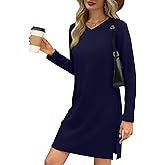 Simlakey Womens Long Sleeve Dress Casual V Neck T-Shirt Dress Side Slit Loose Fit Fall Fashion Travel Airport Outfits