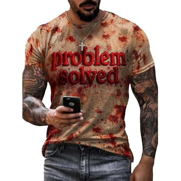 "Problem Solved" Funny Halloween T-Shirt - Bloody Print, V-Neck, 100% Cotton, Novelty Graphic Tee