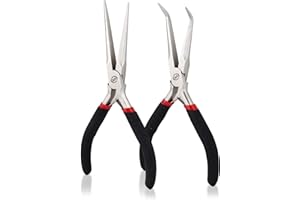 MaxoPro Premium 6 Inch Mini Needle Nose Pliers Set - 2 PCs Bent and Straight Long Nose Pliers with Comfort Grip - Non-Serrated Rust-Proof Long Reach Jewelry Pliers for Jewelry Making, Handmade Craft