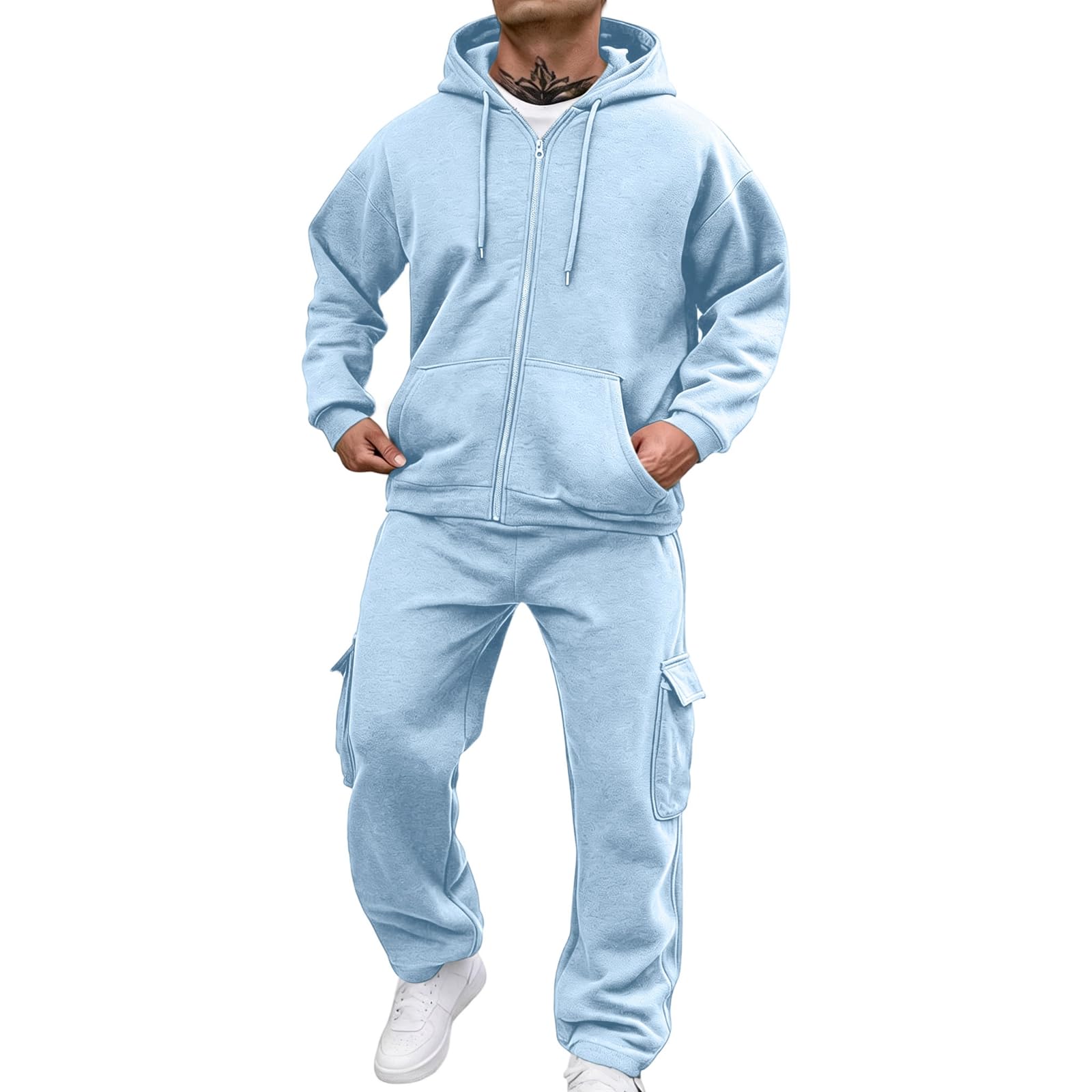 ASUIU Mens Track Suit Full Zip 2 Piece Hoodie and Sweatpants Cargo Pockets | Mens Sweatsuit 2 Piece Set, Fall Winter Outfits,