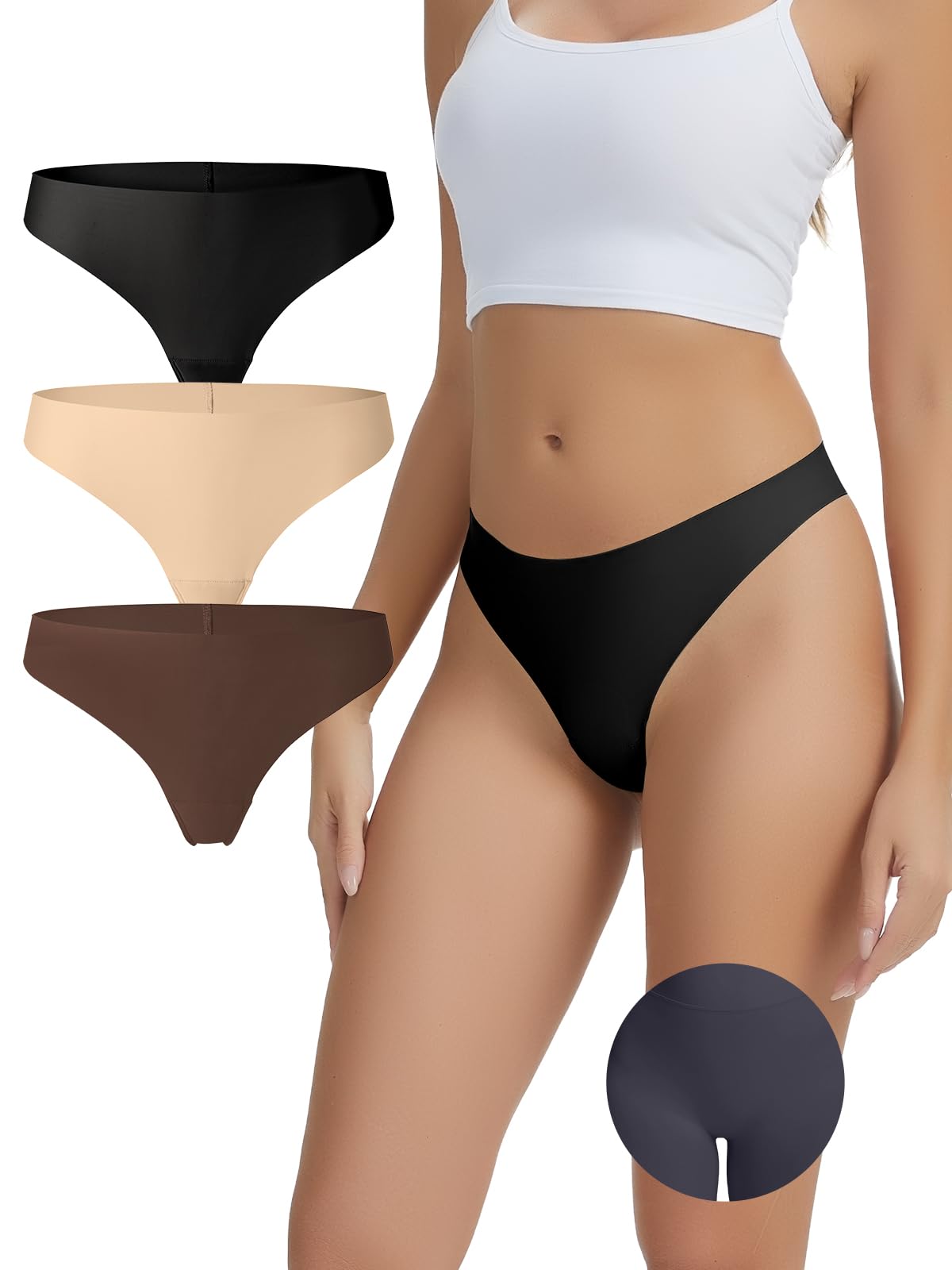 Photo 1 of Leovqn Seamless Thongs for Women 3 Pack No Show Cotton Thong Panty Liners Soft Comfy Invisible Workout G-Strings Underwear,Black-Nude-Coffee,XS