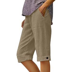 LMSXCT Women's Cotton Linen High Waisted Bermuda Shorts with Pockets Knee Length Long Shorts for Women Beach Vacation Casual