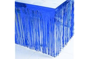 BLUKEY Set of 2 Blue 29x108 Inch (9 Feet Long) Metallic Foil Fringe Table Skirt, Tinsel Disposable Skirting for Parade Floats Trailer, Mardi Gras Party, Birthday, Baby Shower, Wedding
