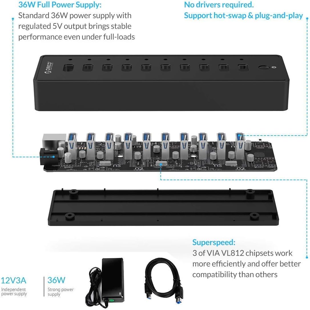 ORICO Powered USB Hub, 10 Ports 36W USB 3.0 Data Hub with 12V/3A Power Adapter for Computer, PC, Laptop, Mobile HDD, Flash Drive and More: Computers & Accessories
