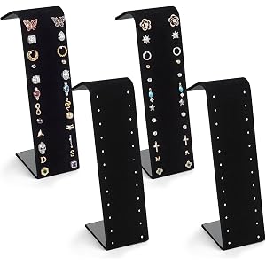 RattanView 4 Pcs Black Velvet Earring Display Stand for 12 Pairs of Earrings 2 W x 2 3/4 D x 7 1/4 H in Velvet Earring Displa