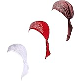 Pre Tied Chemo Head Scarf 3 Packed Beanie Skull Cover Cap for Women (Set6-Long Style)