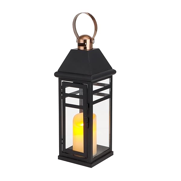 TRIROCKS DECORATIVE VINTAGE CANDLE LANTERNS 15.5″ H FARMHOUSE OUTDOOR HANGING LANTERNS WITH TEMPERED GLASS FOR PORCH, BALCONY, PATIO, HOME, CENTERPIECES, INDOOR, OUTDOOR(BLACK WITH GOLD TOP)