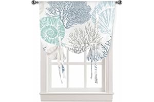 RISQITEN Coastal Tie Up Curtains for Windows/Door, Beach Blue Teal Coral Adjustable Balloon Window Shades, Sea Nautical Starfish Kitchen Window Treatments Farmhouse Short Curtains with Rod Pocket 42"x45"