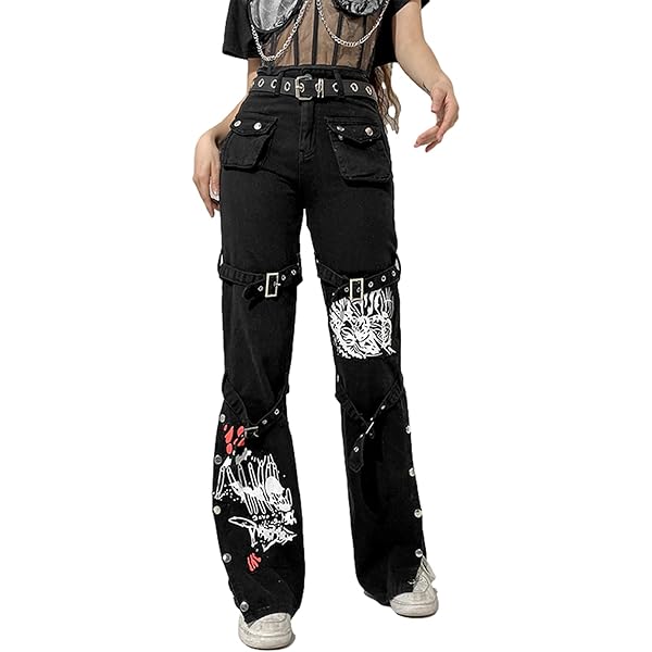 Acehomeyfit Women Gothic Punk Cargo Pants High Waist Flare Pants