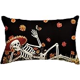 AVOIN colorlife Dia De Los Muertos Skeleton Marigold Throw Pillow Cover, 12 x 20 Inch Mexico Day of The Dead Halloween Holiday Cushion Case for Sofa Couch
